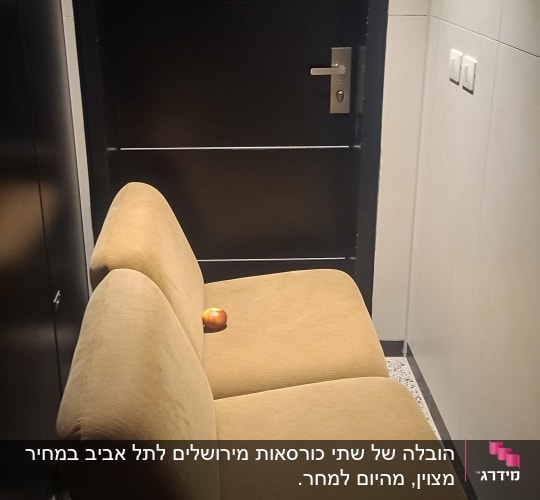 כורסה חומה ליד דלת שחורה עם מספר 19